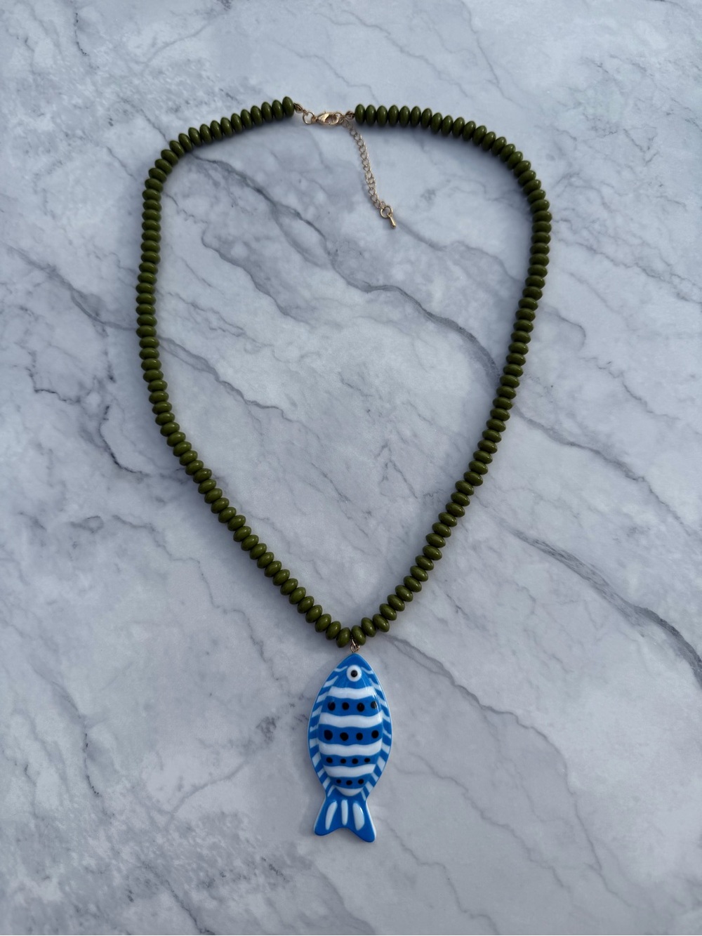 Handmade Olive Bead Necklace with Blue Fish Pendant